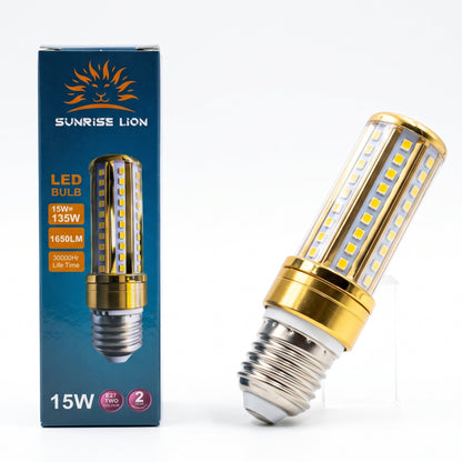 A 15W LED corn lamp with rows of bright LED chips, a gold-coloured collar and a slim cylindrical body. 