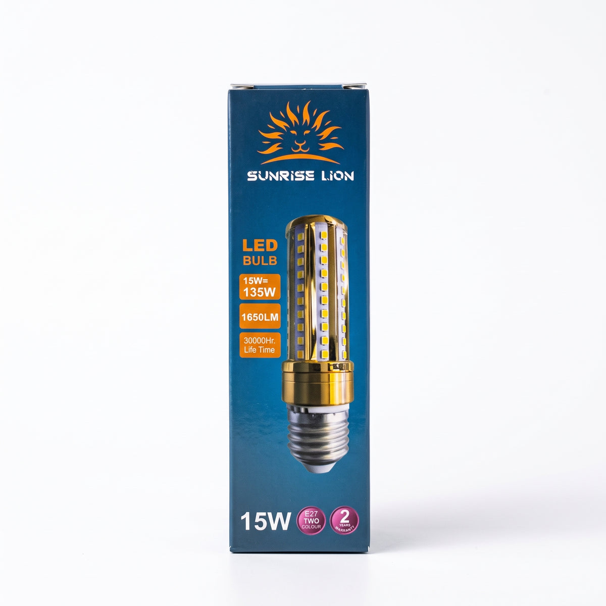 A 15W LED corn lamp with rows of bright LED chips, a gold-coloured collar and a slim cylindrical body. 