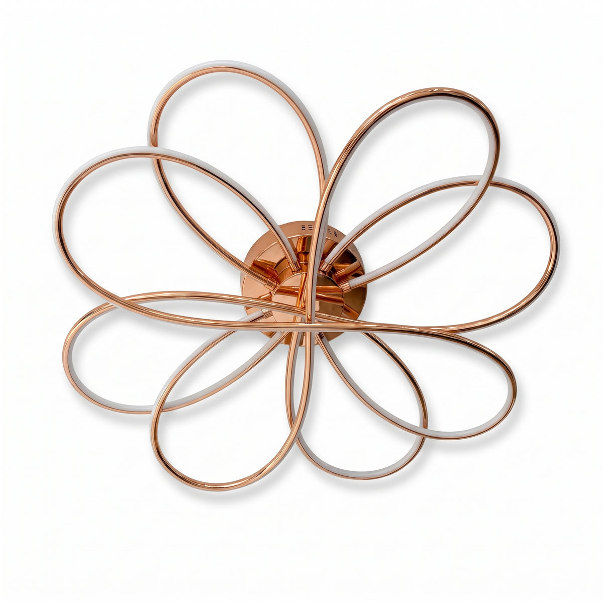 A modern LED ceiling light shaped like a flower, with eight sweeping loops in a polished rose gold finish - 8 loops