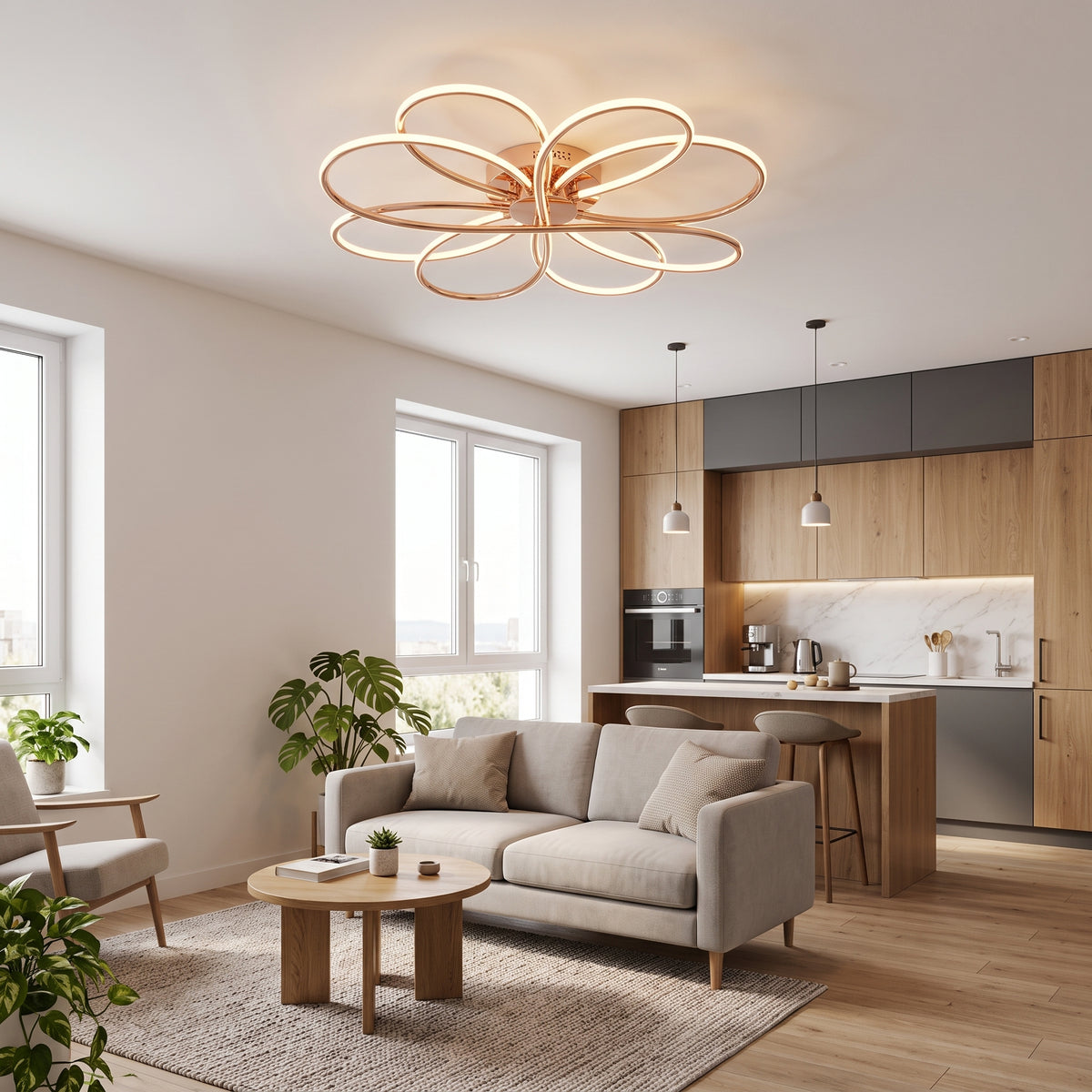 A modern LED ceiling light shaped like a flower, with eight sweeping loops in a polished rose gold finish - 8 loops.