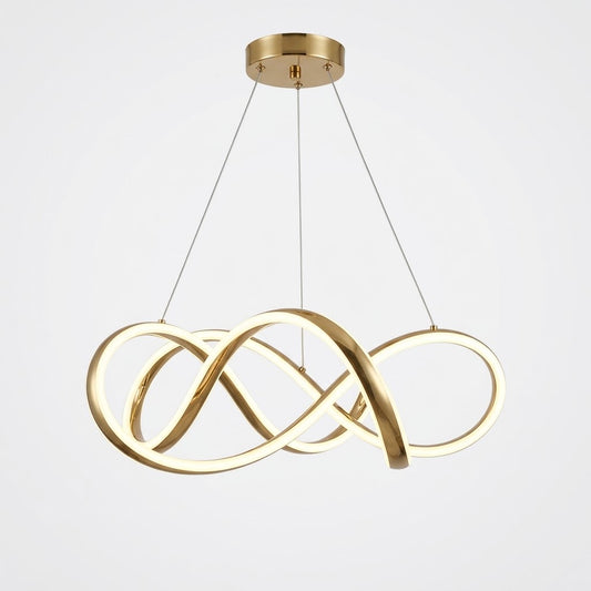 Gold LED infinity-loop pendant light, shown on a white background.