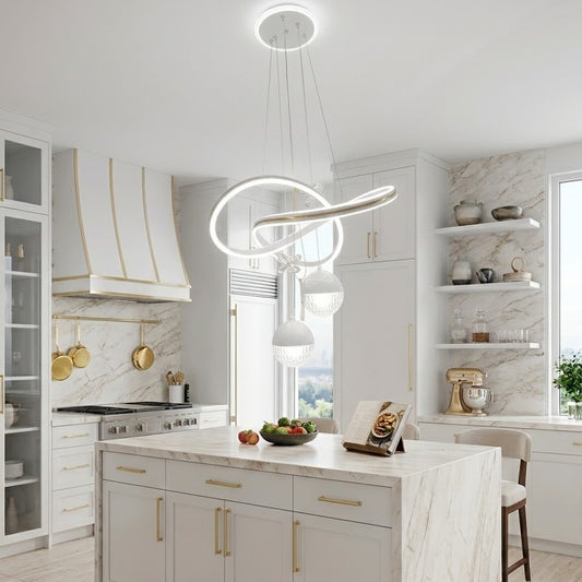 White LED loop pendant light with crystal ball installed above a round dining table.