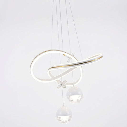 White LED loop pendant light with a hanging crystal-effect ball, shown on a white background.