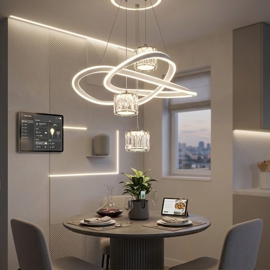 LED loop pendant light with crystal shades installed above a dining table.
