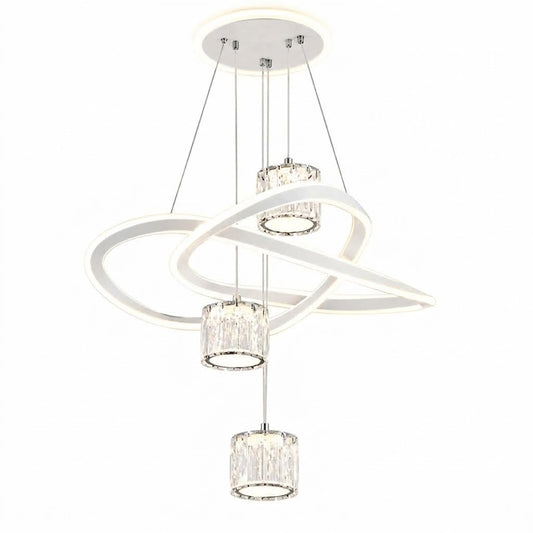 LED loop pendant light with intertwining rings and crystal drum shades, shown on a white background.