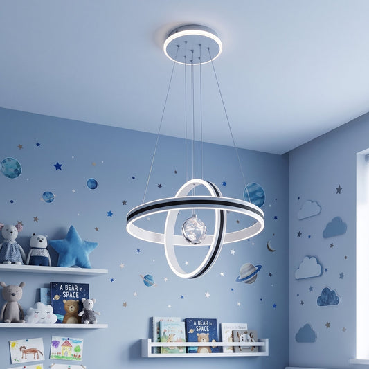 LED orbit ring pendant light installed in a children's bedroom with a space-themed wall decal.