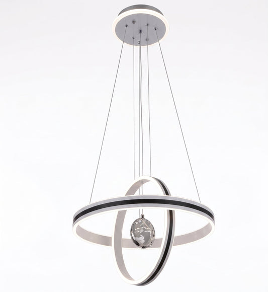 LED orbit ring pendant light with a central crystal-effect sphere and a double-ring frame.