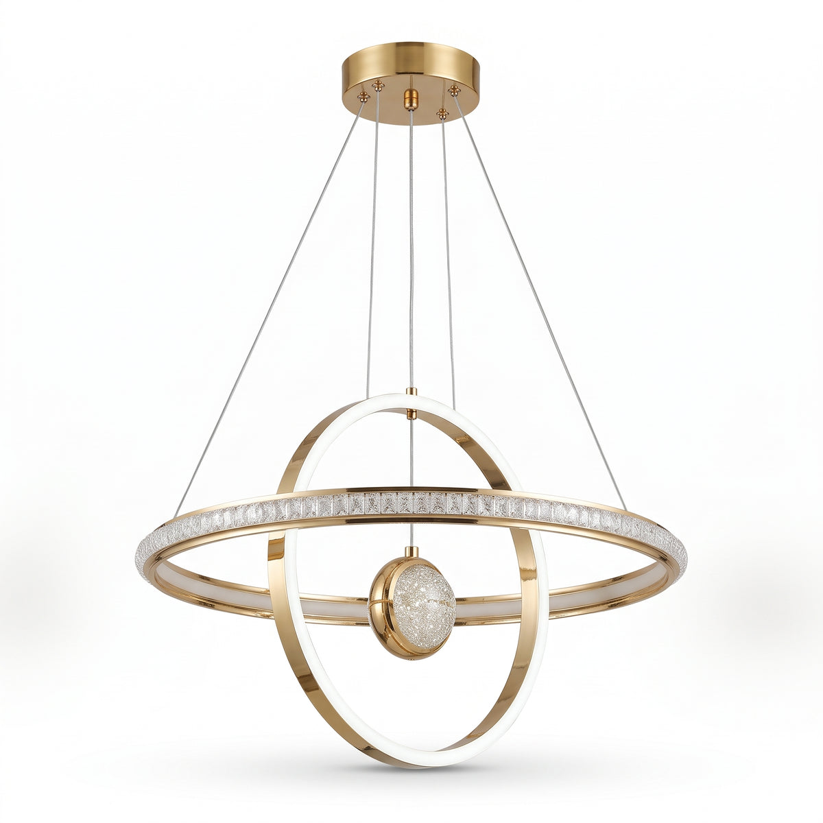 A modern LED pendant light in polished gold, featuring two interlocking illuminated rings arranged around a crystal-textured centre globe.