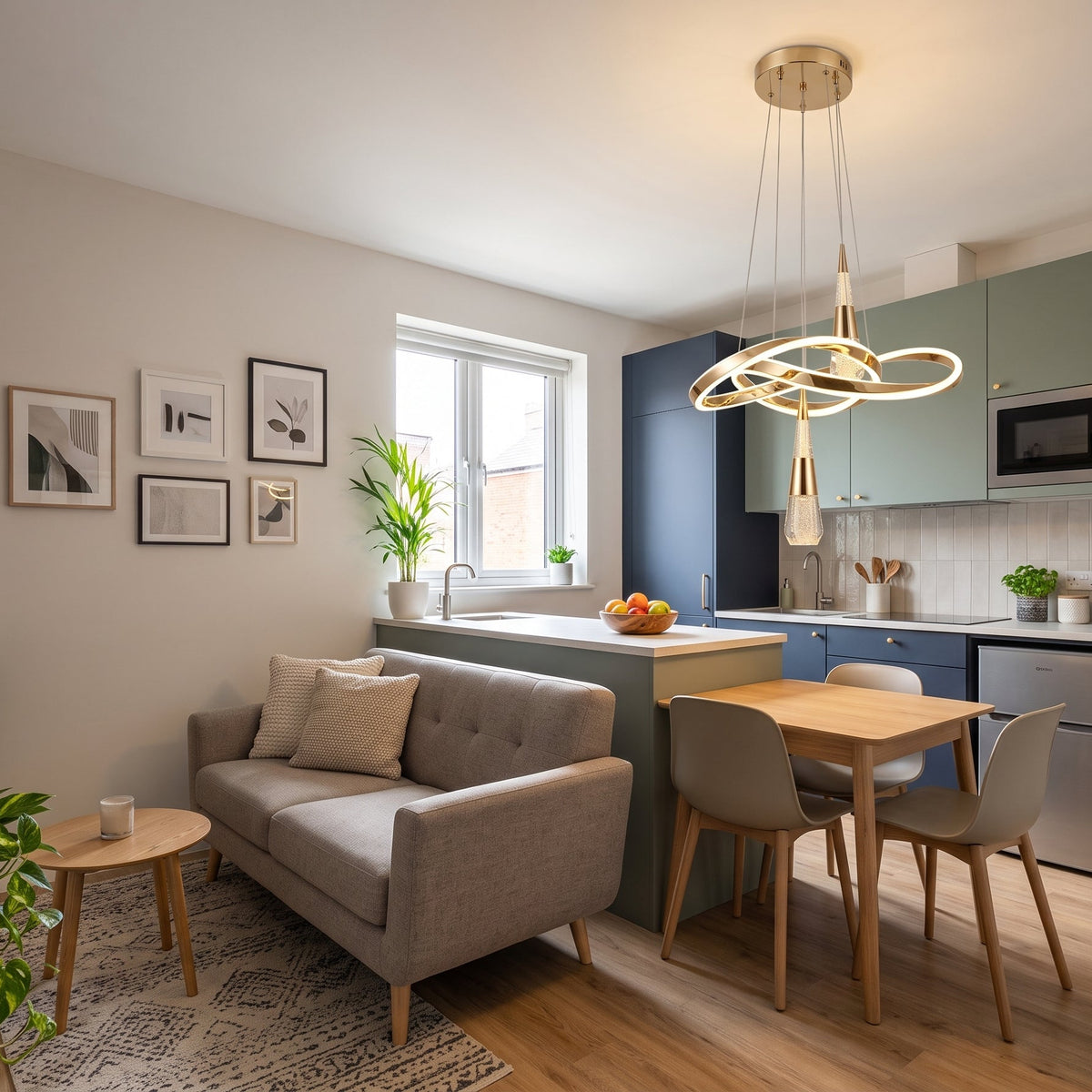 A modern pendant light with a sculptural, flowing gold LED ribbon that loops and twists, with two crystal-bubble teardrop pendants hanging from it. .