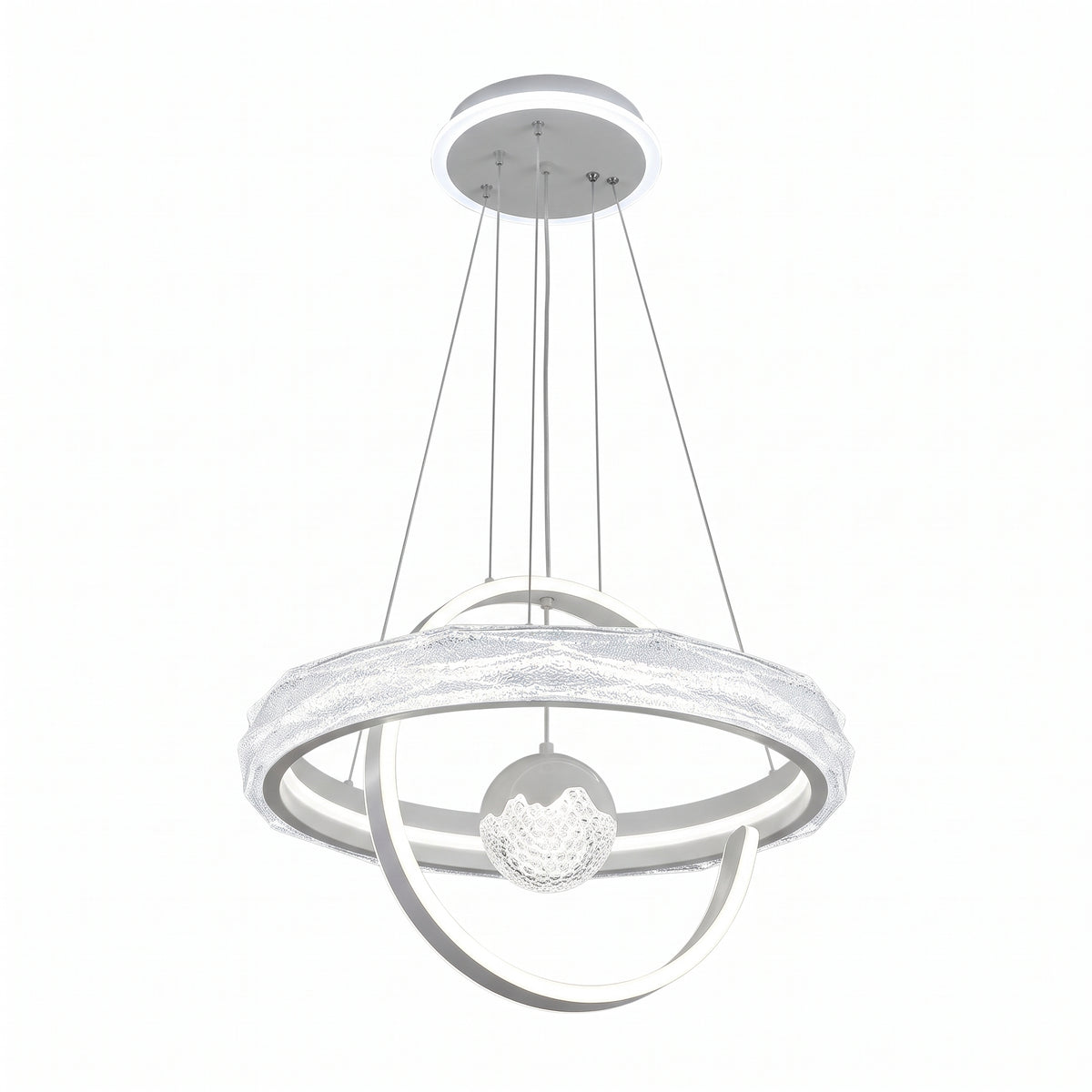 A modern LED pendant light in a soft white finish, featuring a large textured glass-effect ring, flowing LED ribbon curves, and a crystal-textured globe at its centre.