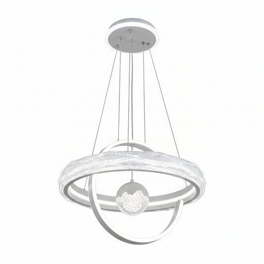 A modern LED pendant light in a soft white finish, featuring a large textured glass-effect ring, flowing LED ribbon curves, and a crystal-textured globe at its centre.