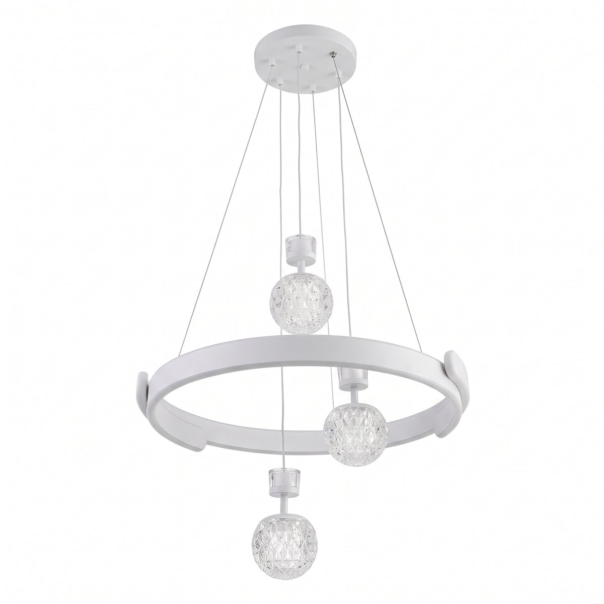 A modern LED pendant light in soft white with a slim illuminated ring and three faceted crystal-effect globes suspended at varying heights. 