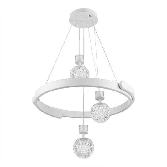 White LED ring pendant light with hanging crystal-effect globes, shown on a white background.