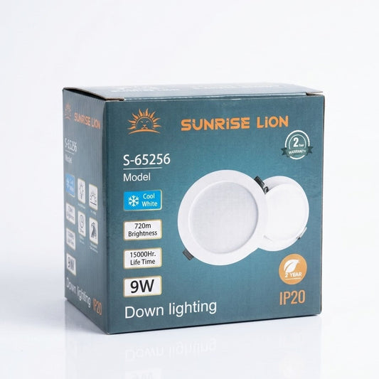 Round recessed LED downlight fixture with spring clip mounting, shown from an angle.