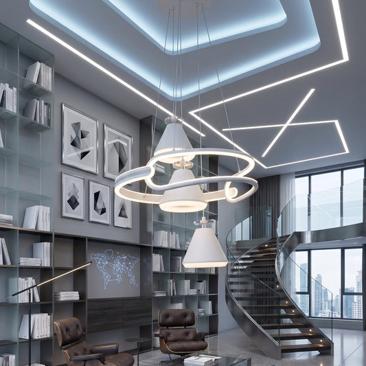 White LED staggered cone pendant light installed in a double-volume living room with a spiral staircase.