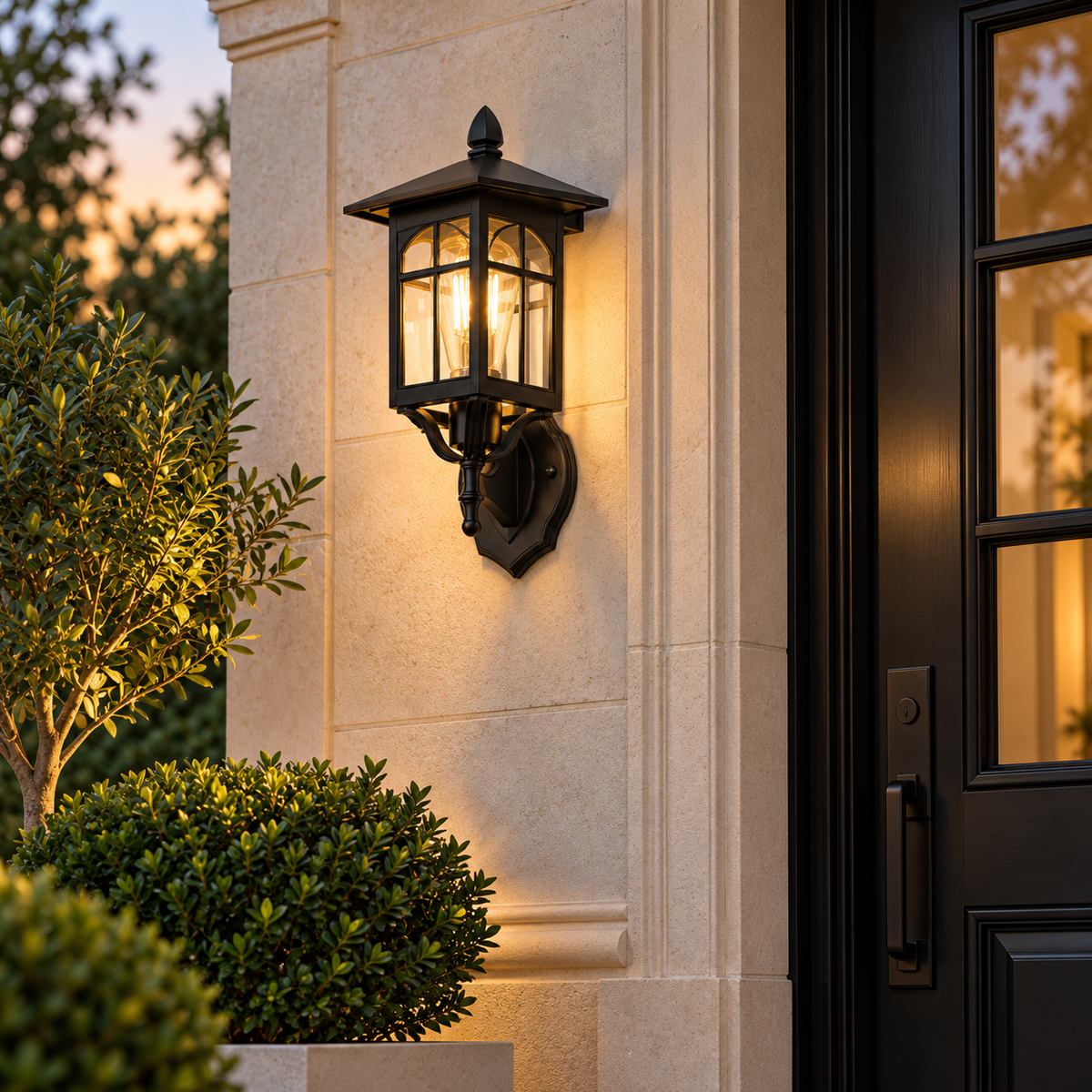 A classic lantern frame with a pitched roof and pointed finial features arched, patterned window panes with glass inserts, mounted on a decorative curved arm and round wall plate.