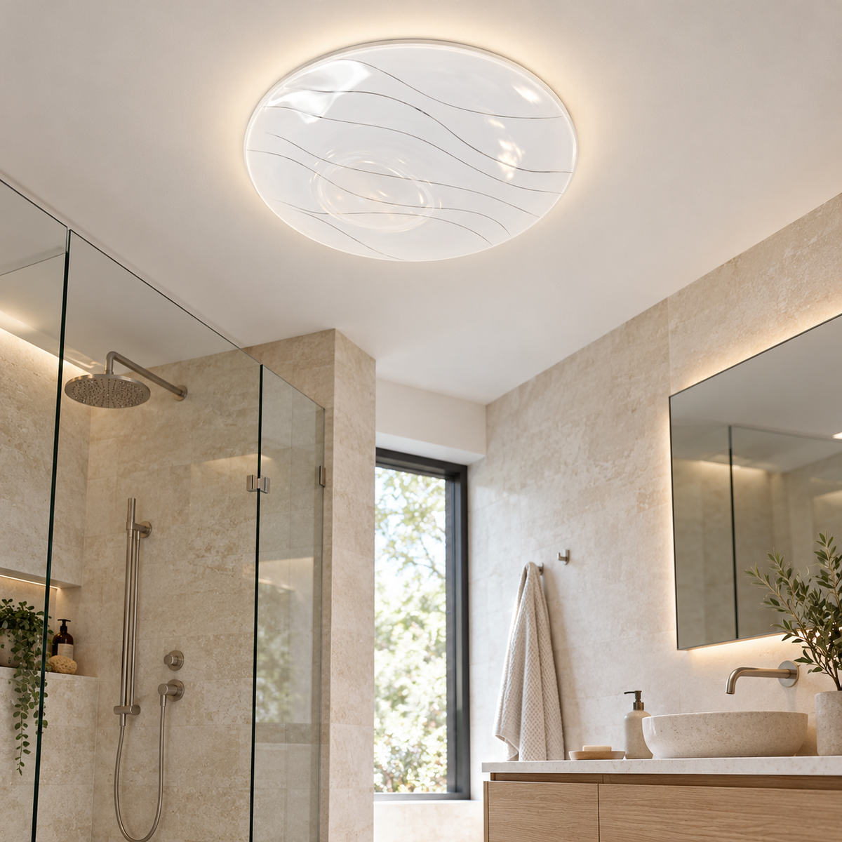 A circular LED ceiling light featuring a decorative curved-line surface pattern and a white finish.