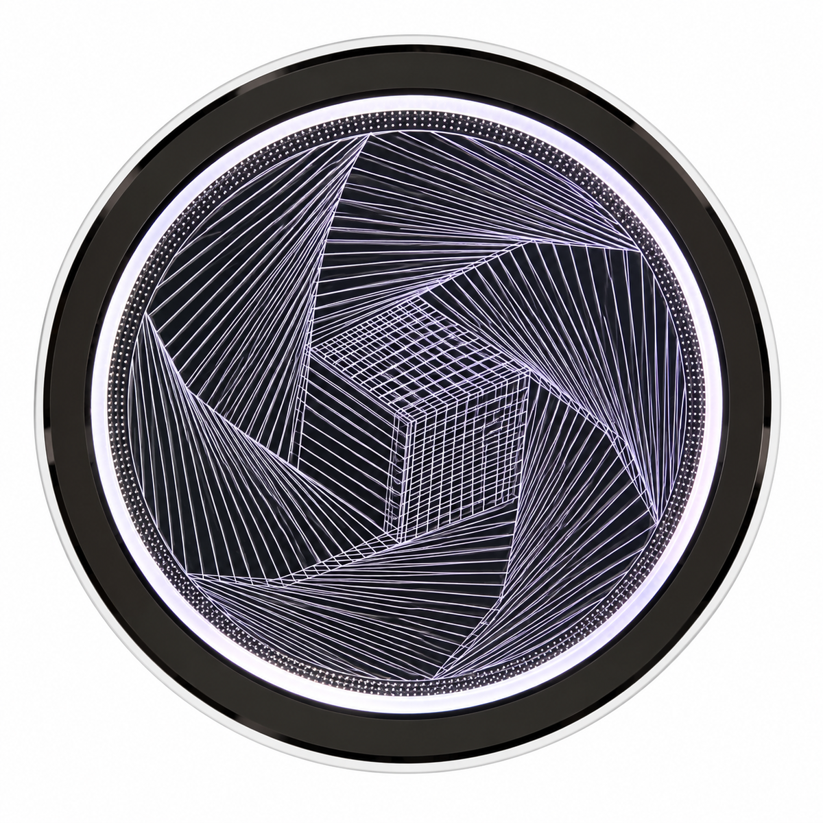 A modern circular ceiling light featuring a silver-toned outer ring and a geometric patterned centre