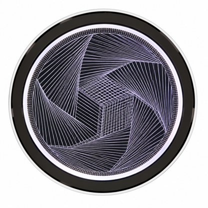 A modern circular ceiling light featuring a silver-toned outer ring and a geometric patterned centre