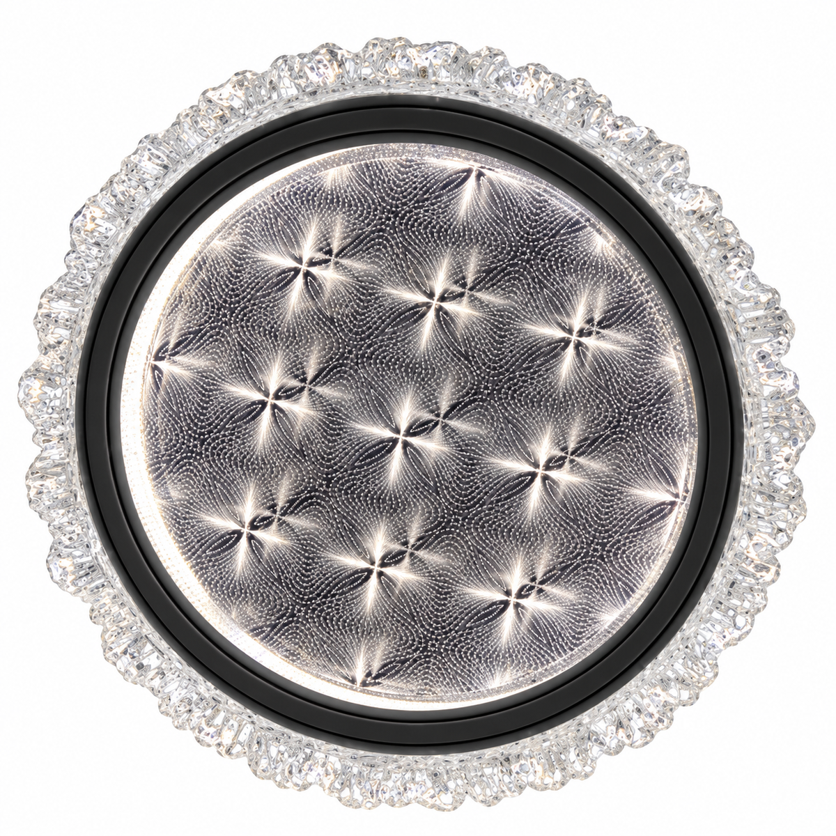 A round ceiling light featuring a silver-toned finish with a decorative crystal-like pattern across the centre.
