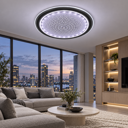 A decorative round ceiling light featuring a detailed circular pattern and a silver-toned outer border.