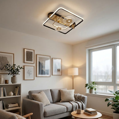 Modern square LED ceiling light fixture installed in a bright living room with a grey sofa.