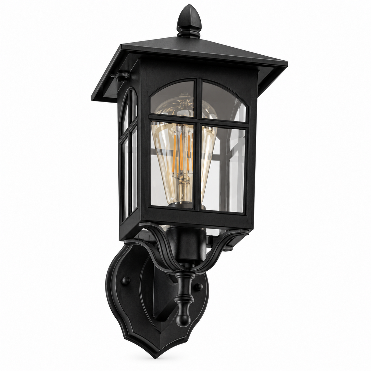 A classic lantern frame with a pitched roof and pointed finial features arched, patterned window panes with glass inserts, mounted on a decorative curved arm and round wall plate.