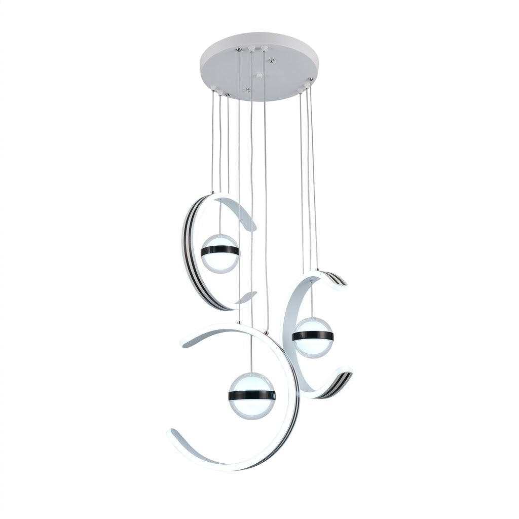 LED crescent moon multi-drop pendant light in white, shown on a white background.