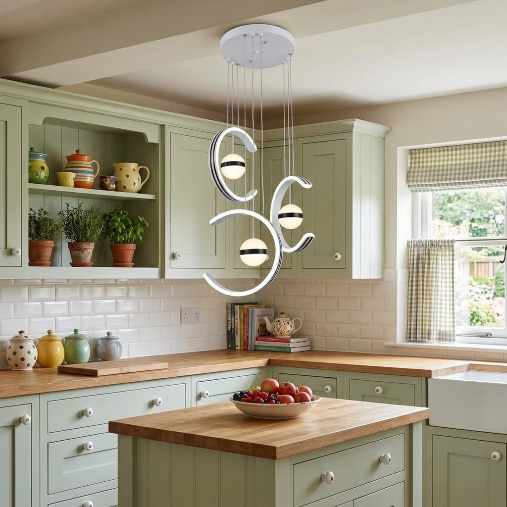 LED crescent moon pendant light installed in a hallway entryway.