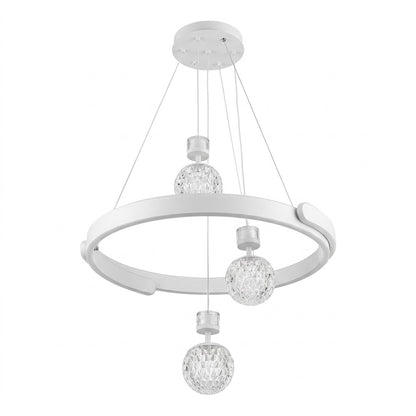 White LED ring pendant light with hanging crystal-effect globes, shown on a white background.