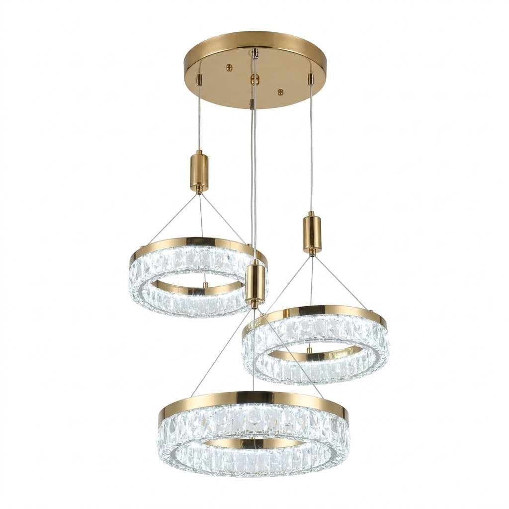 Gold LED tiered crystal ring pendant light, shown on a white background.