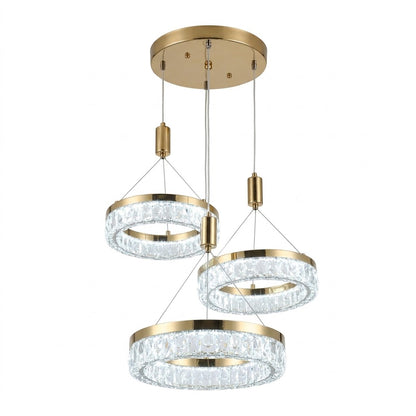 Gold LED tiered crystal ring pendant light, shown on a white background.