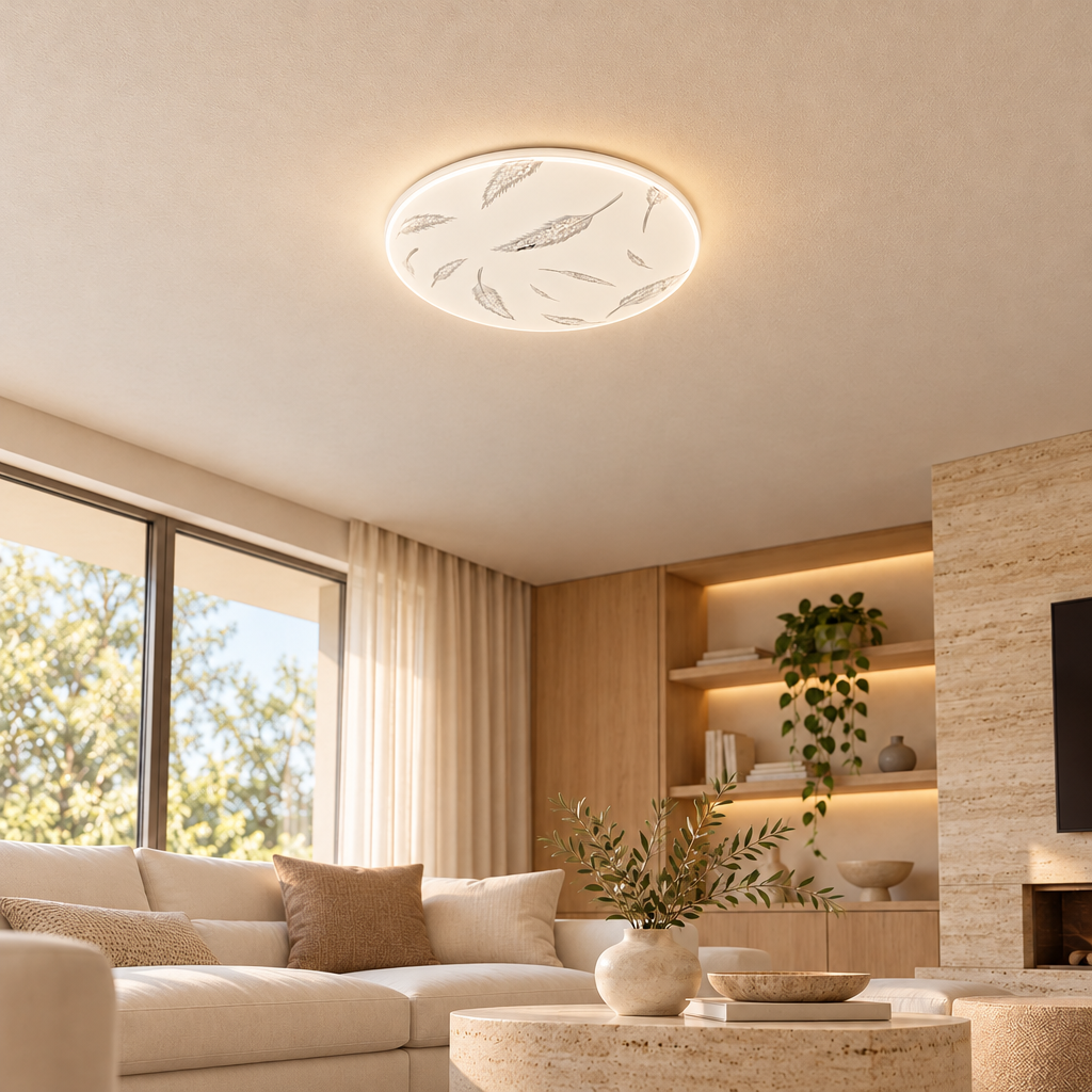 A circular LED ceiling light featuring a decorative leaf-inspired pattern across its white surface.