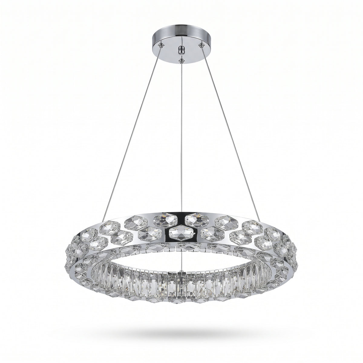 Round brushed gold crystal chandelier with square crystal inlays and teardrop crystals on a white background