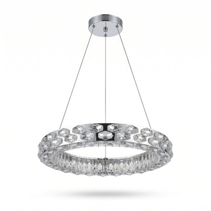 Round brushed gold crystal chandelier with square crystal inlays and teardrop crystals on a white background