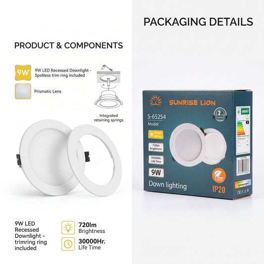 Sunrise Lion S-65254 9W recessed downlight LED ceiling light shown with its teal packaging box on a white background, with product features and components listed on the left.