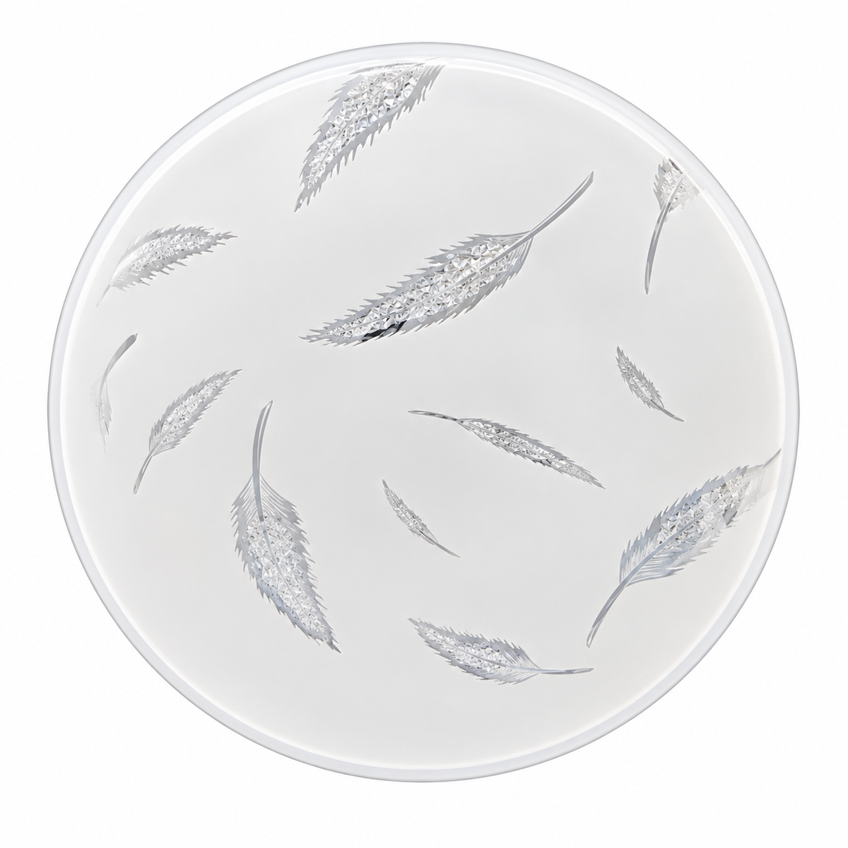 A circular LED ceiling light featuring a decorative leaf-inspired pattern across its white surface.