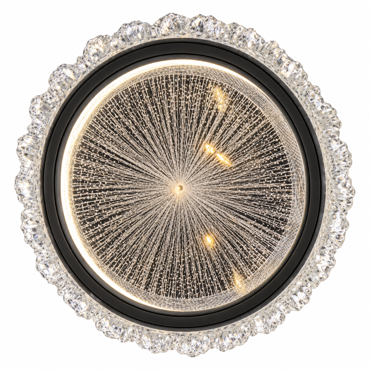 A decorative round ceiling light featuring a gold-toned patterned border and a circular centre design