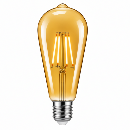 ST64 filament LED bulb with visible filament design, shown on a white background.