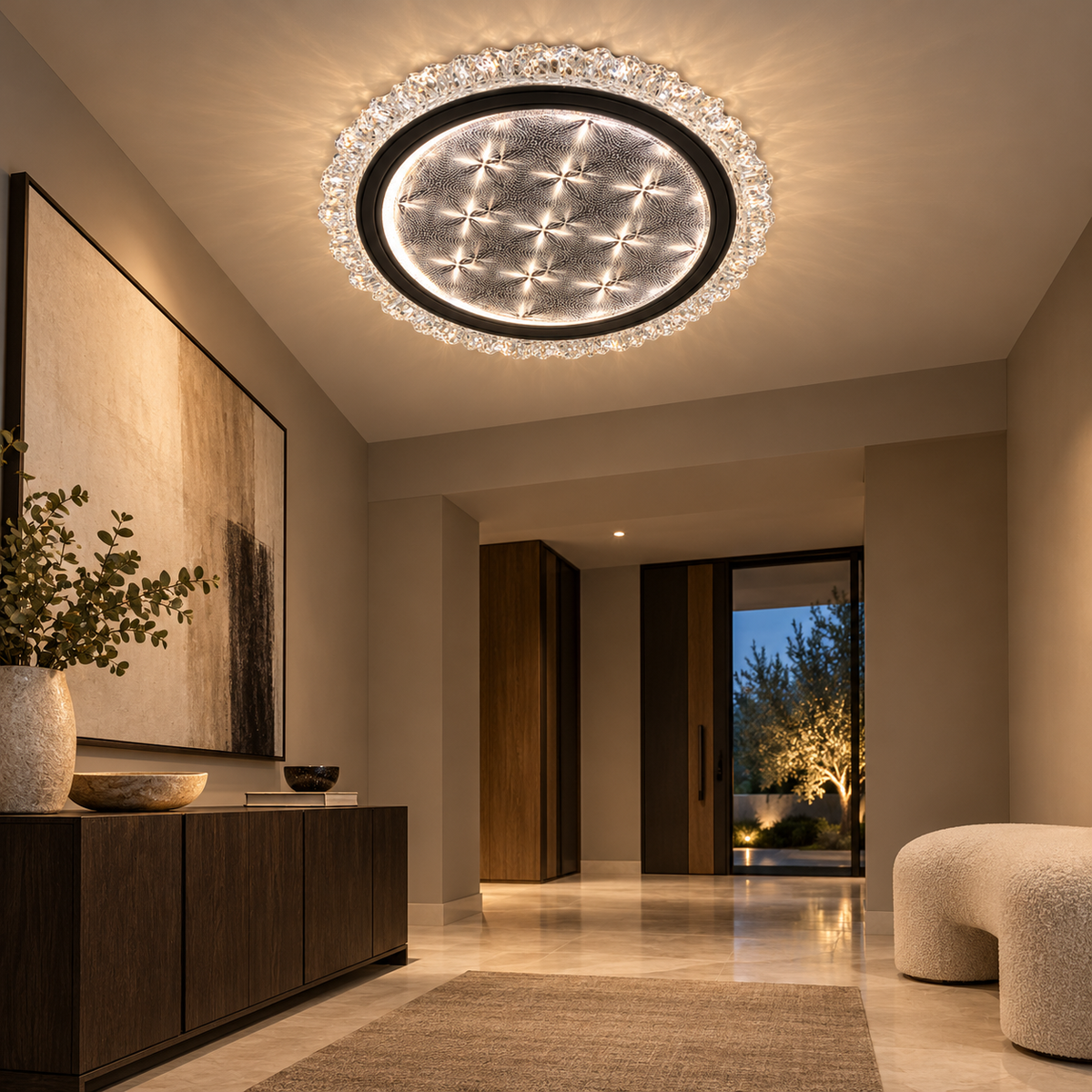 A round ceiling light featuring a silver-toned finish with a decorative crystal-like pattern across the centre.