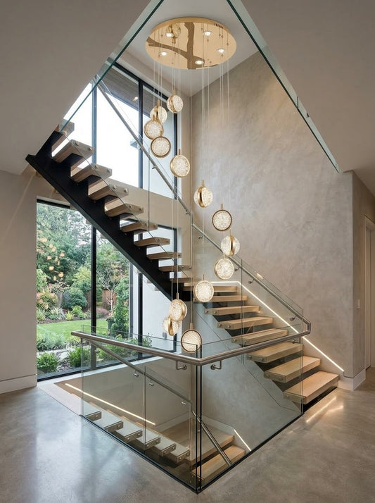 Close-up of the spiral cascade crystal chandelier's crystal-bubble spheres.