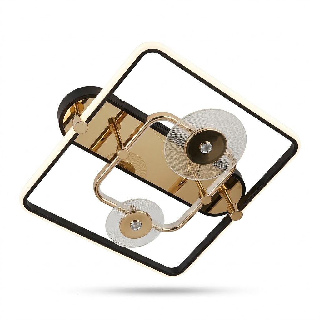 LED square frame ceiling light with gold spotlight discs, shown on a white background.