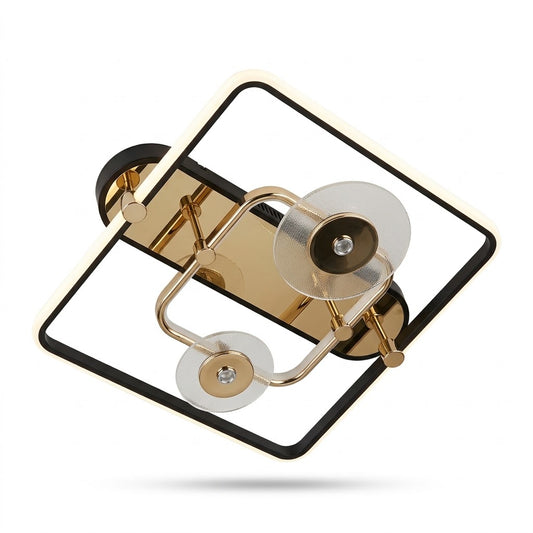 LED square frame ceiling light with gold spotlight discs, shown on a white background.