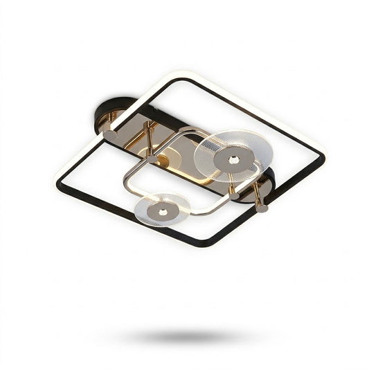 LED square frame ceiling light with silver spotlight discs, shown on a white background.