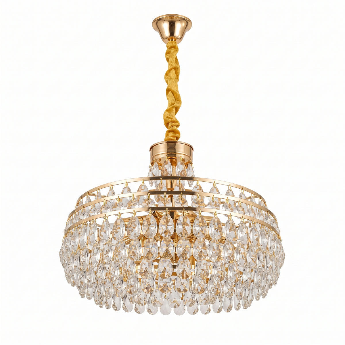 Gold crystal teardrop chandelier with fabric-wrapped chain and gold ceiling canopy on a white background