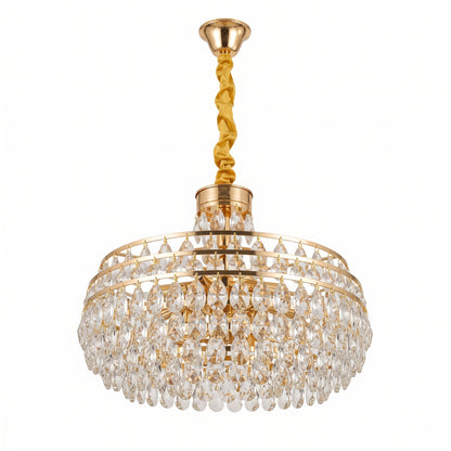 Gold crystal teardrop chandelier with fabric-wrapped chain and gold ceiling canopy on a white background