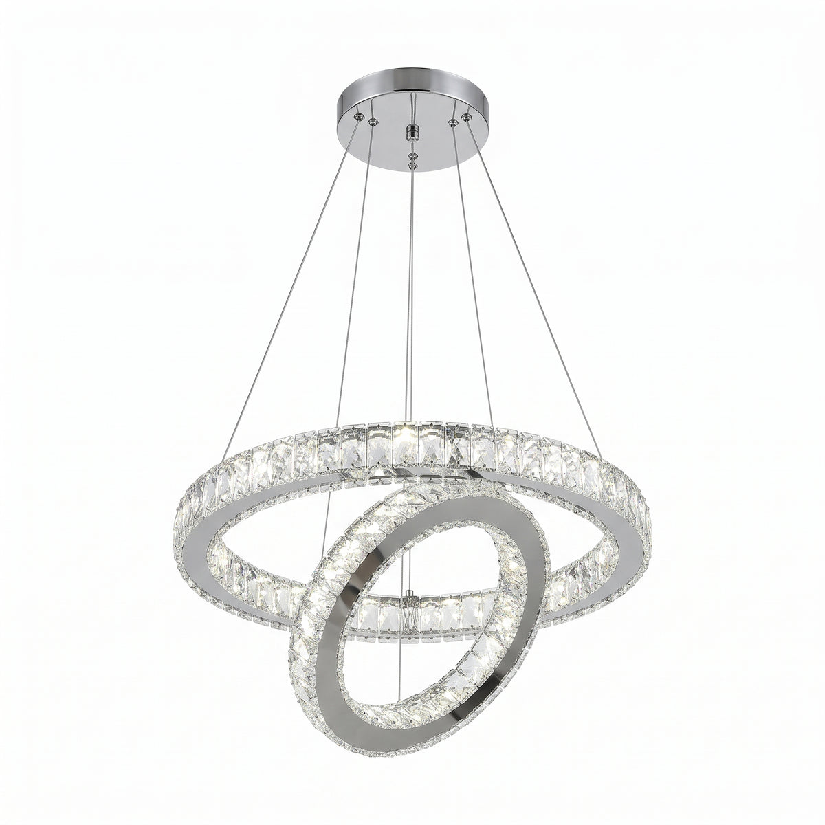 Two-ring polished chrome crystal chandelier with a round ceiling canopy on a white background