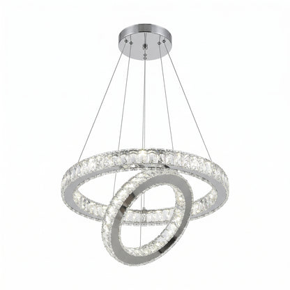 Two-ring polished chrome crystal chandelier with a round ceiling canopy on a white background