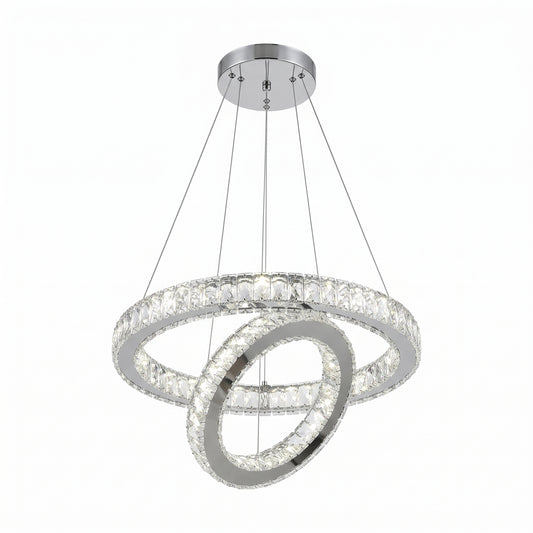 Two-ring polished chrome crystal chandelier with a round ceiling canopy on a white background