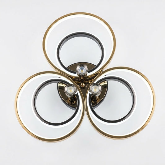 LED triple ring ceiling light in black and gold, shown on a white background.